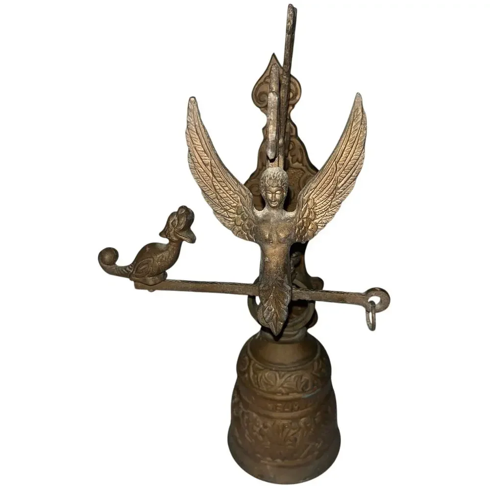 Vintage Ornate Brass Monastery Wall Bell Figural Angel Dragon Latin Inscription